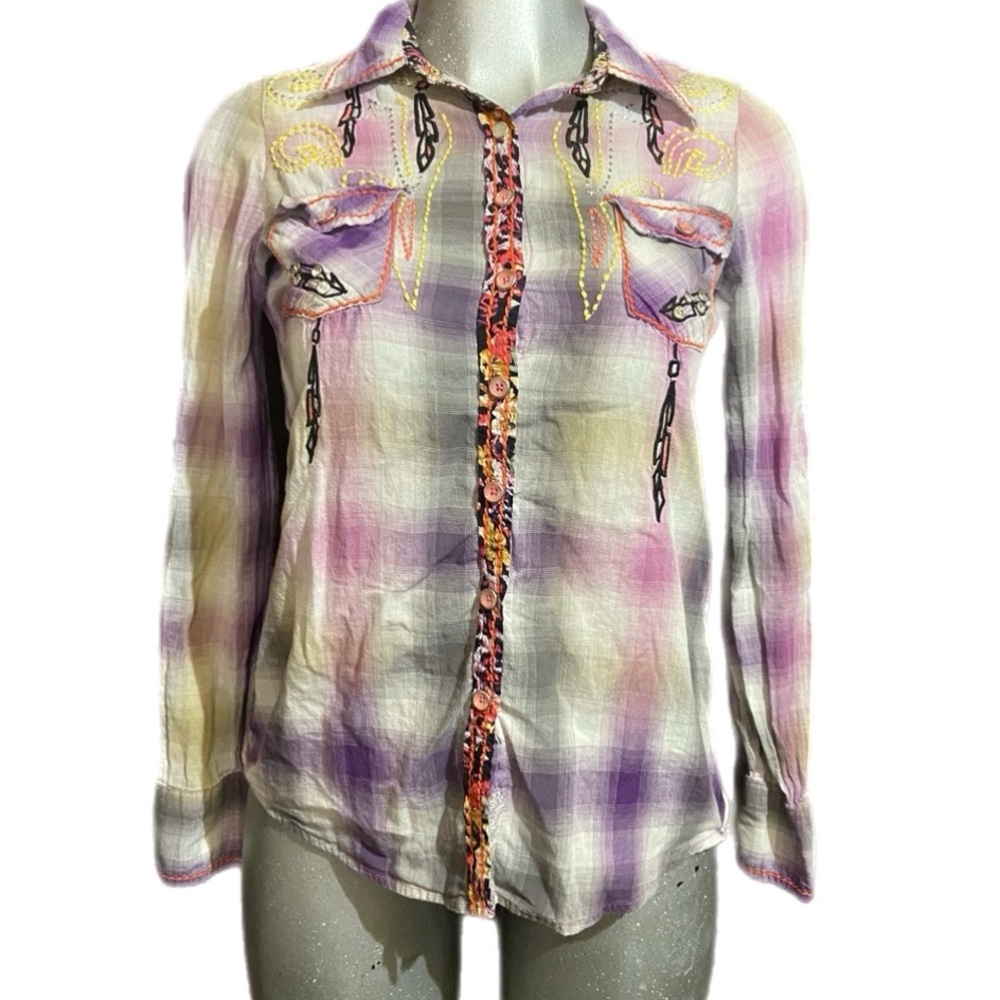 Roar Song Native Western Shirt Plaid Purple Embroidered Rhinestone Rodeo Small